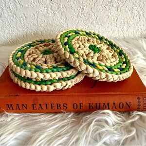 Eclectic boho wicker woven trivets of green and tan set of 3